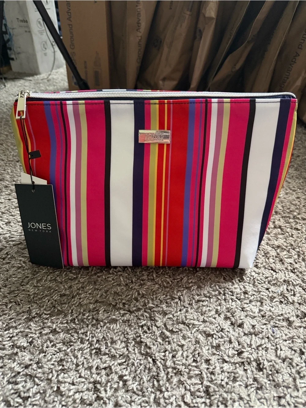 Jones New York Pink & Red Striped Cosmetic Pouch + Travel Bottle